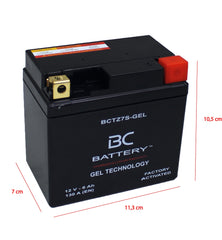 BCTZ7S-GEL| Batteria Moto al GEL,YTZ7S, 12V, 6Ah, CCA:130Amp, 113x70x105mm - BC Battery Italian Official Website