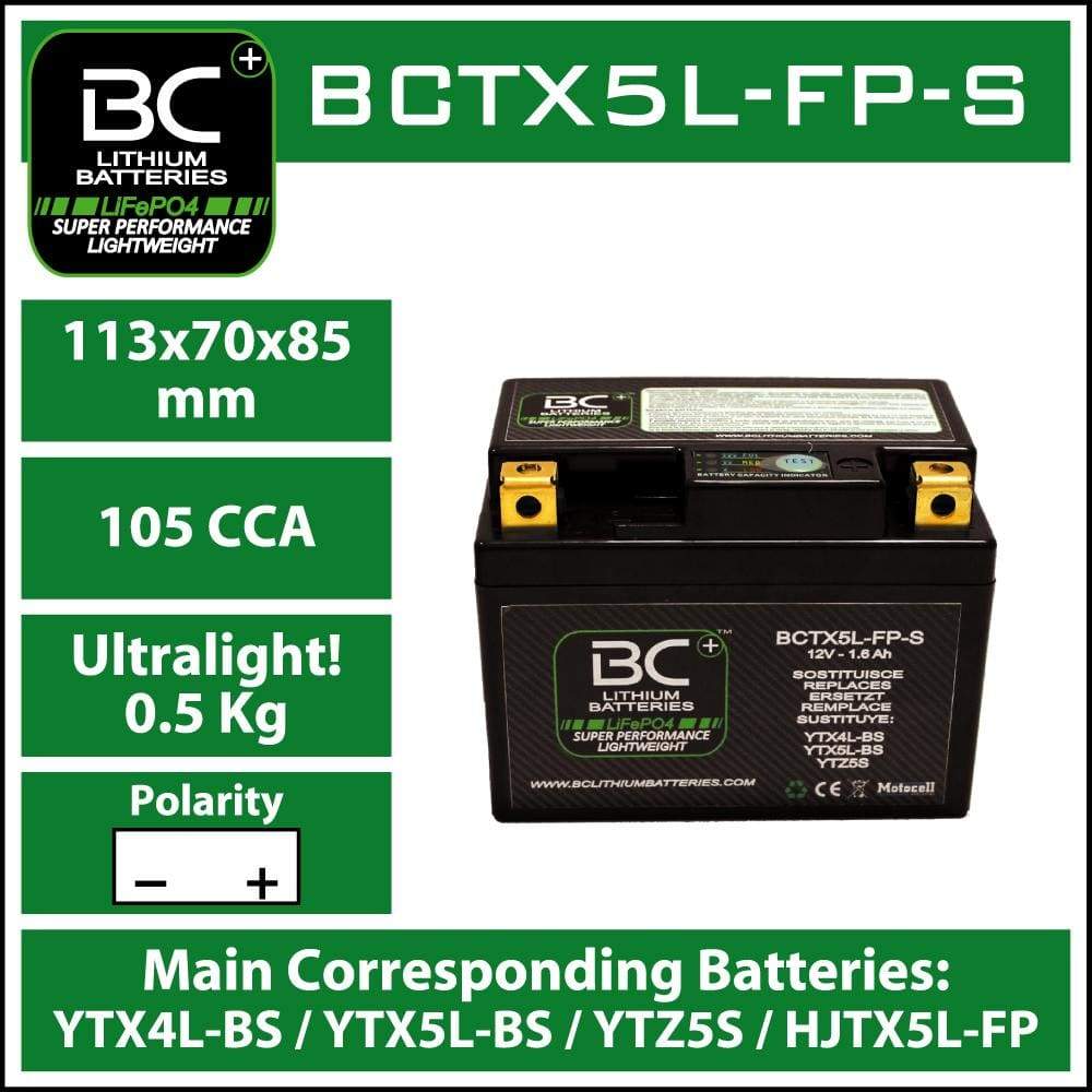 BC Lithium Batteries BCTX5L-FP Batteria Moto al Litio LiFePO4, 0,5 kg, 12V, HJTX5L-FP-S / YTX4L-BS / YTX5L-BS / YTZ5S - BC Battery Italian Official Website